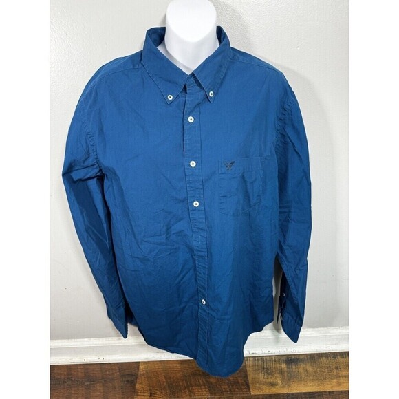 American Eagle Men's Size LT Solid Long Sleeve Teal Snap Button Down Shirt - Picture 1 of 6